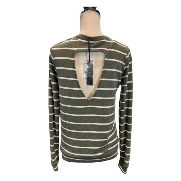 Poof Womens L Soft Knit Sweater Olive Green Striped Key Hole Back Stretchy Knit - Picture 3 of 9